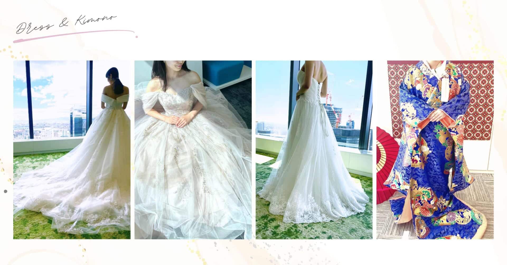 参加費無料でドレス試着や式場探しができる大阪のウエディングイベント「花嫁ドレスフェスタ」で実際にドレスと和装を試着している様子